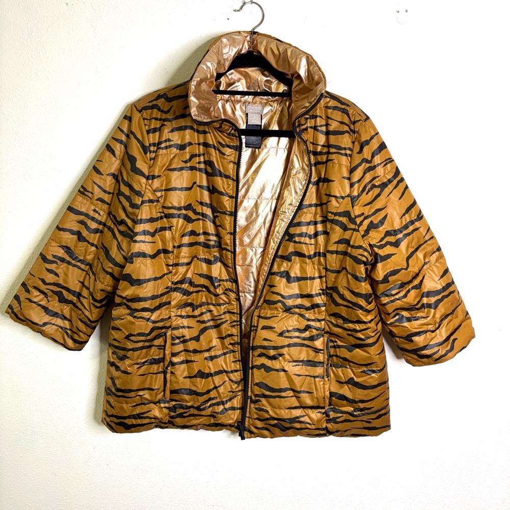 Chico's Rose Gold Black Tiger Print reversible Puffer Jacket metallic sz 16 18 - Picture 2 of 10